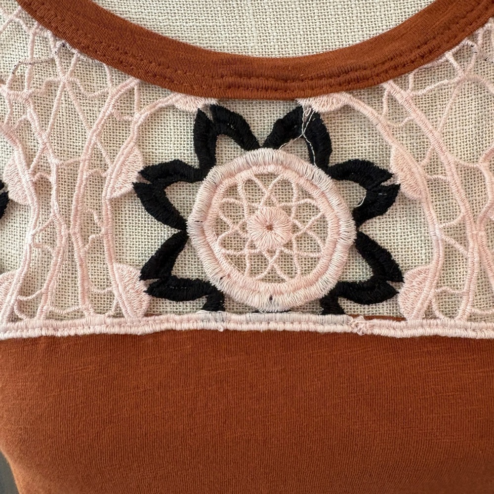 Anthropologie Womens Crochet Lace Flutter Sleeve Top Cotton Burnt Orange Medium - Picture 7 of 15